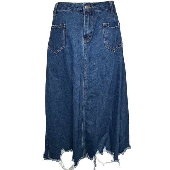 ALL IN LOVE Dresses & Skirts - ALL IN LOVE Denim Maxi Skirt Size M Distressed Frayed Hem Blue Boho Punk Rock